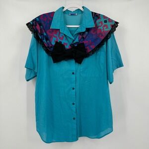 Womens Vintage Oversized Blouse Size 2X Teal‎ Statement Collar Bow Cottagecore